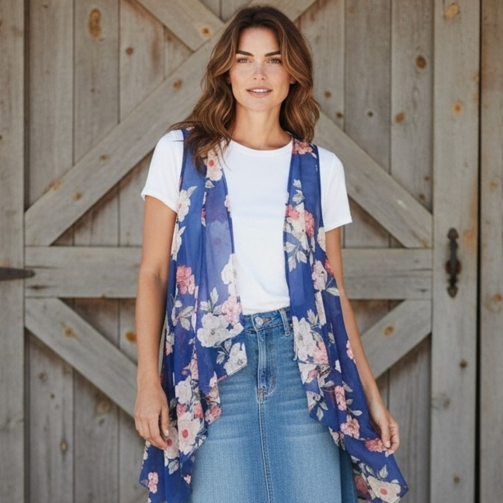 Torrid Navy Blue Floral Long Waterfall Vest